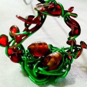 Dragon/ bird eggs lampwork glass handmade basket pendant necklace flowers green